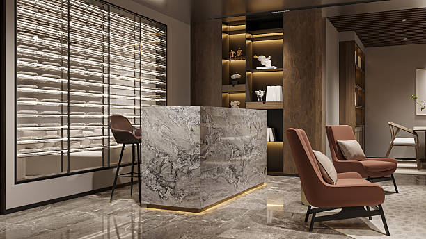 istock Modern Reception Lounge with Marble Desk and Stylish Seating 2211535664