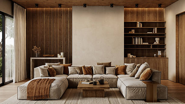 istock Contemporary loft interior with sofa, pillows, coffee tables, wood panels and decor. 3d render illustration mockup. 2211539955