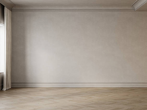 istock Empty beige classic interior with blank wall and chevron wood floor. 3d render illustration mockup. 2211539971