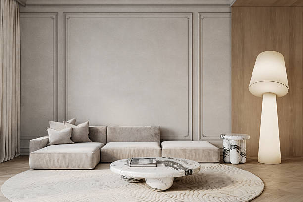 istock Contemporary classic beige interior with sofa, moldings, floor lamp, wood wall panel and decor. 3d render illustration mockup. 2211539977