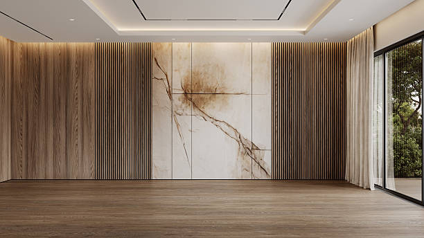 istock Contemporary empty interior with wood wall panels, blank wall, backlight, parquet floor. 3d render illustration mockup. 2211542395