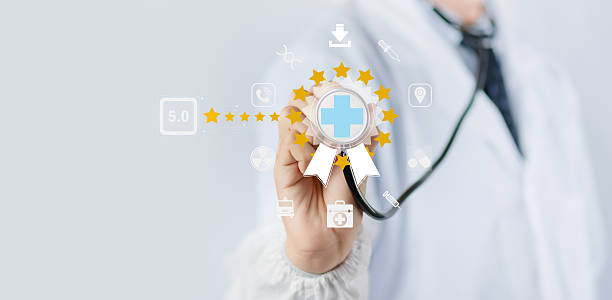 istock Healthcare quality certification concept featuring doctor, approval checkmark, excellence award, and digital medical service standards symbolizing trusted, safe, and professional clinical care 2211542951