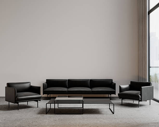 istock Minimalist hitech white interior with black leather sofa and armchairs, coffee table and terrazzo tile. 3d render illustration mockup. 2211543154