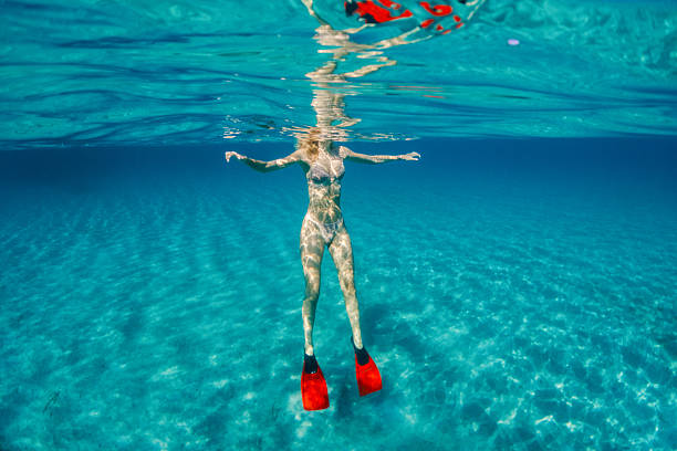 Woman floating on crystal clear waters with snorkeling gear