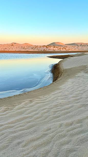 istock Lake cuts through dry desert terrain with salty surface glowing under sunset sky, where desert erosion sculpts basin and salty water gives lake a rare ecological character. 2211550583
