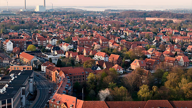 Odense city from drone point of view. Cityscape in Denmark \
