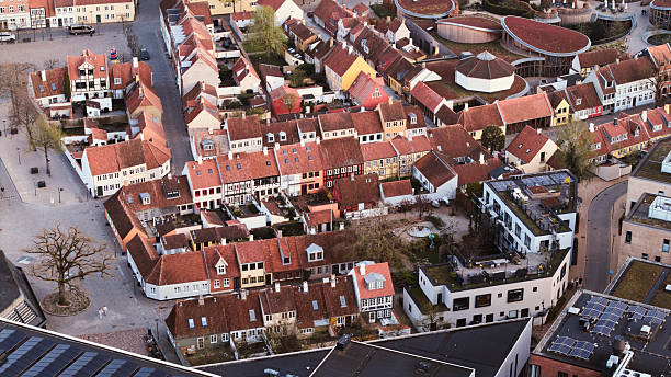 Odense city from drone point of view. Cityscape from above