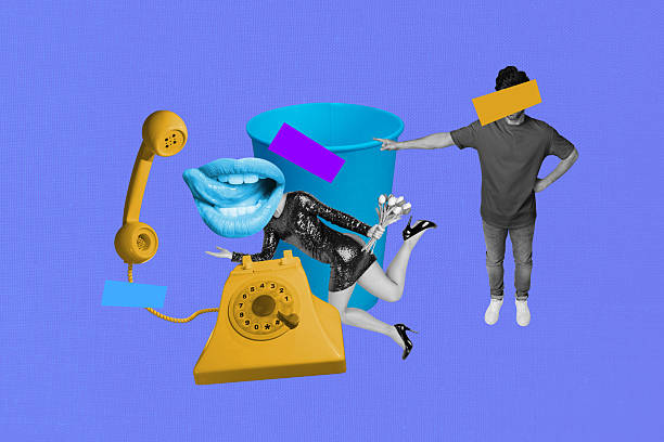 istock Composite art 3d creative image collage of anonym girl guy instead head mouth lips lick tongue telephone helpline service cup 2211556571