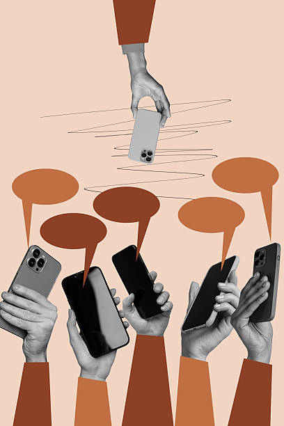 istock Poster image vertical photo collage of hands hold phone device bubble communication chatterbox speech networking crowd arms 2211557034