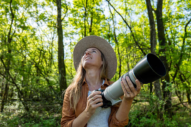 istock Woman in Sunlit Forest Holding Professional Camera 2211557369