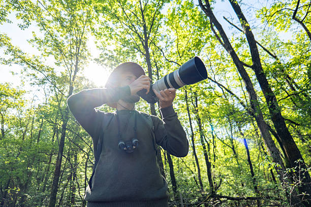istock Male Photographer Capturing Nature in Sunlit Forest 2211557392