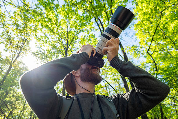 istock Male Photographer Capturing Nature in Sunlit Forest 2211557394