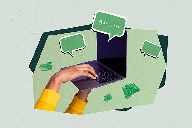 istock Trend collage of person hold hand object having speech bubble on green background 2211558782