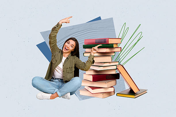 istock Creative pop poster sketch art collage of happy student girl guy do homework book stack education concept bookworm hobby reader 2211560769