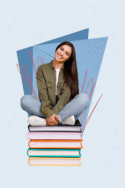 istock Vertical 3d pop poster sketch art collage of happy academic girl guy do homework book stack education bookworm hobby library 2211560793