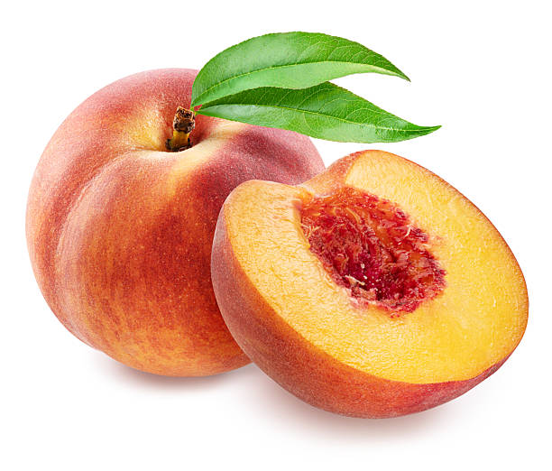 istock Ripe peach with leaf and half of peach on white background. File contains clipping path. 2211564064