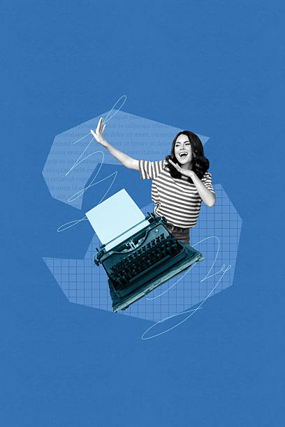 istock Creative abstract collage of person  dancing near type writer on blue background 2211564542