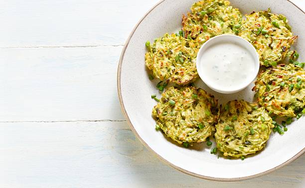 istock Zucchini fritters served with sauce 2211564652