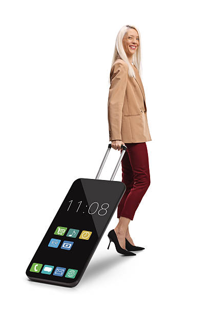 istock Woman pulling smartphone as a suitcase, smart travel concept 2211565016