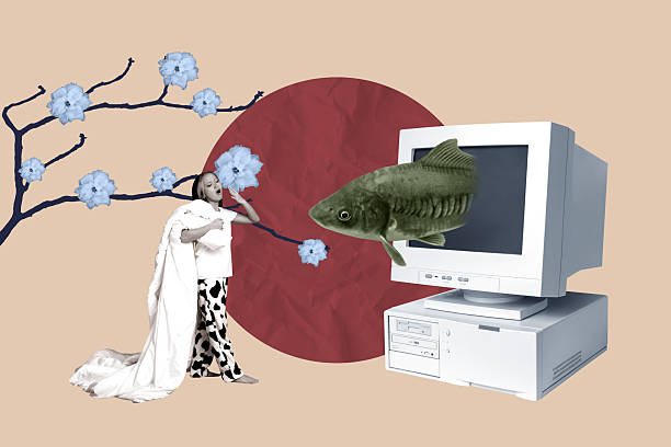istock Creative artwork template sketch image collage of obsolete computer monitor fish dream young lady sleep walk china eastern flower sakura 2211568961