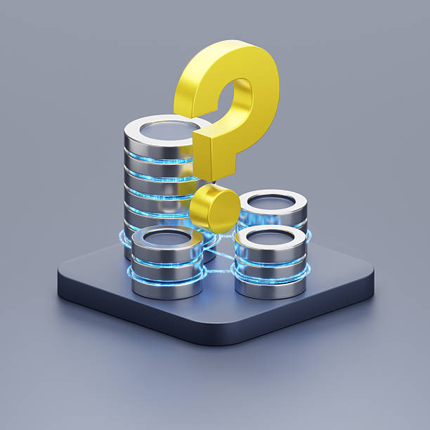 Illustration of abstract database servers with a yellow question mark symbolising uncertainty and search of solutions in data management. Modern and conceptual design for business, technology, or digital themes.