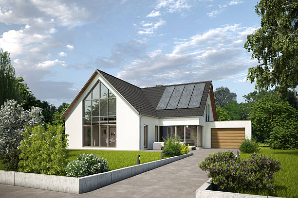 istock Modern house with a glass front and solar cells 2211570371