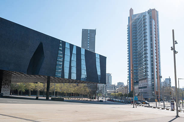Barcelona, Spain April 8, 2025 CCIB convention centre and hotel Princess Barcelona. Modern architecture and empty streetscape