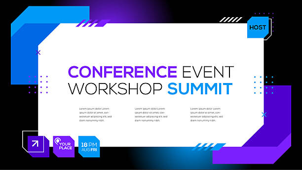 ilustraciones, imágenes clip art, dibujos animados e iconos de stock de plantilla de invitación a eventos de conferencias de tecnología futurista. diseño geométrico abstracto moderno para folleto, póster, sitio web. ilustración vectorial editable - congreso de negocios