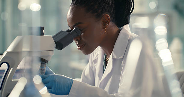 istock Lab, science and woman looking with microscope for research, study sample and investigation. Biotechnology, healthcare and African person with equipment for medical discovery, innovation and vaccine 2211578690