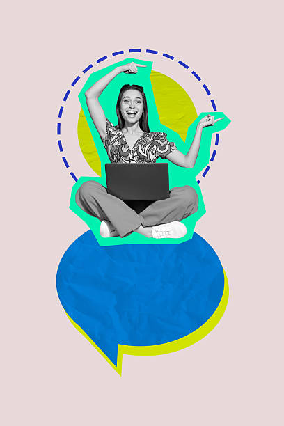 istock 3d sketch image vertical collage of happy girl sit bubble communication type laptop chat communication speech dialogue phrase 2211579721