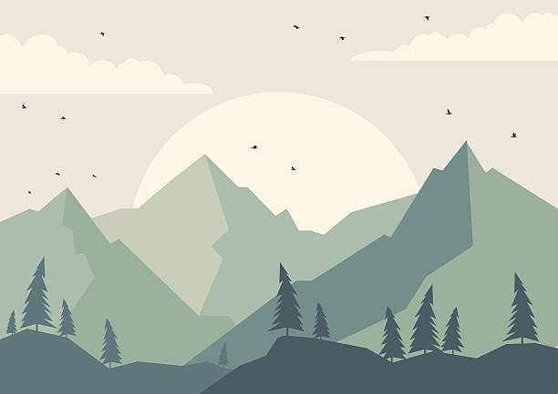 Contemporary aesthetic mountains landscape art. Spring valley with cloudscape. Green nature forest landscape scenery background. Mid century modern minimalist art print.