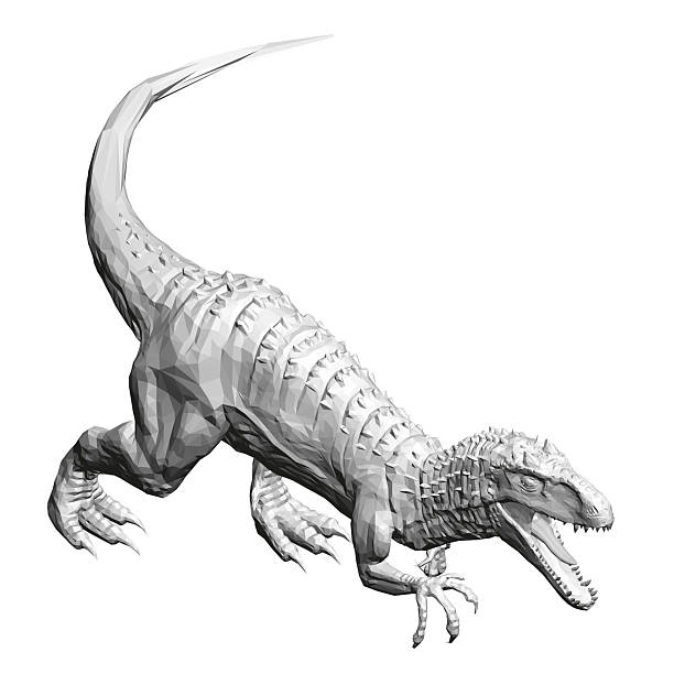 istock A white dinosaur is shown in a black and white photo. The dinosaur is depicted as a predator, with its mouth open and teeth bared, ready to attack. Concept of danger and excitement. Isometric view 2211581853