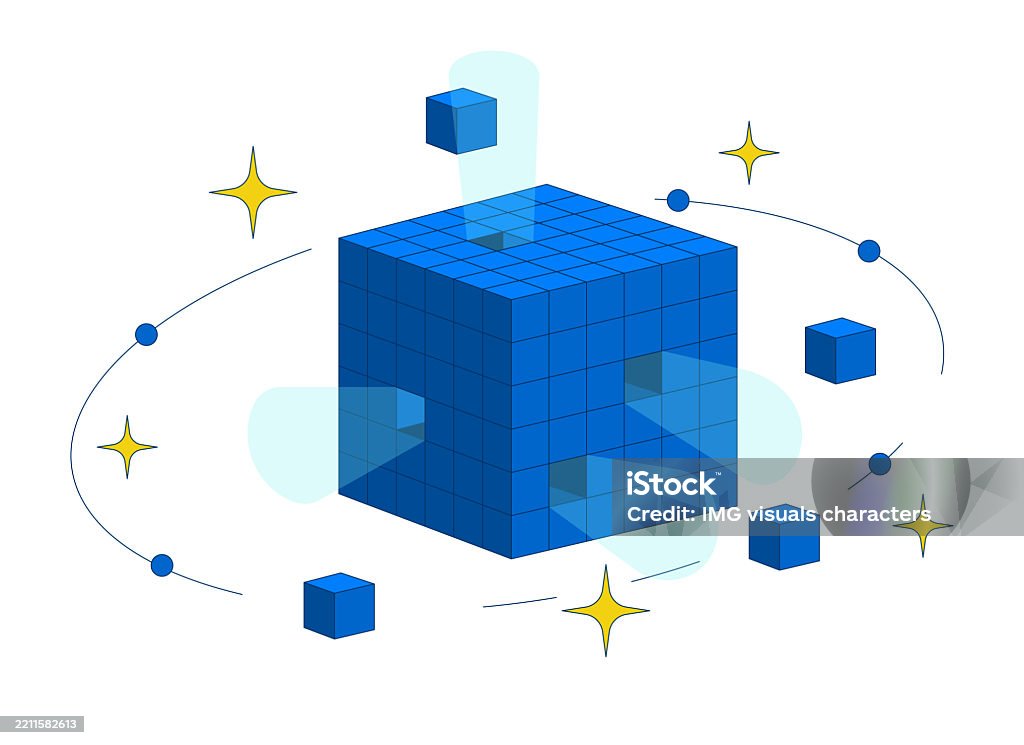 Data Blocks Object Picture Simple Digital Data Cube With Orbiting Blocks And Sparkles 2d Cartoon Object ...