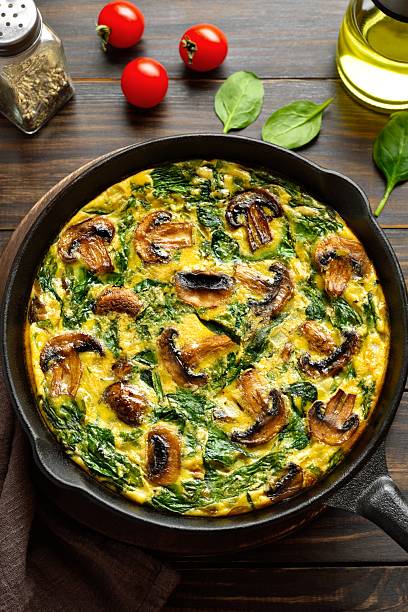 istock Frittata with spinach and champignon mushrooms in cast iron skillet 2211585565