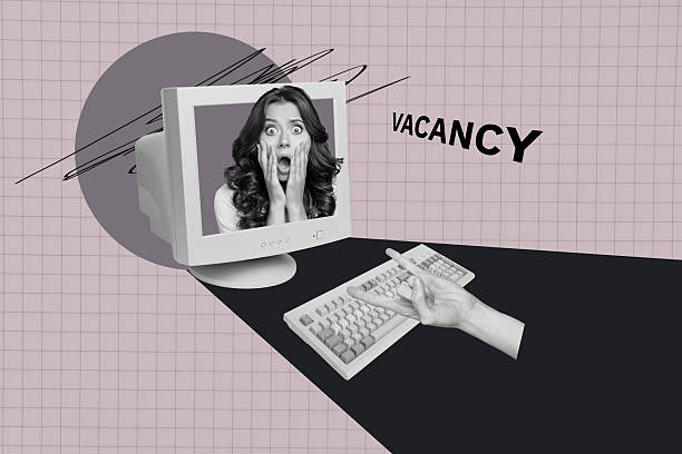 istock Image poster collage of shock person on PC screen with vacancy text having hand rock roll sign on pink background 2211586743