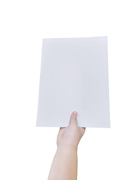istock Image of child hand holding blank white paper forward on white background. Model for design. 2211589263