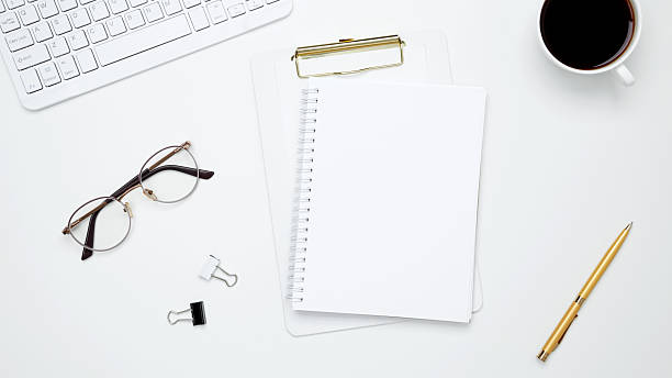 istock Flat lay composition with copy space. Mock up notebook. Office workspace and productivity concept 2211589330