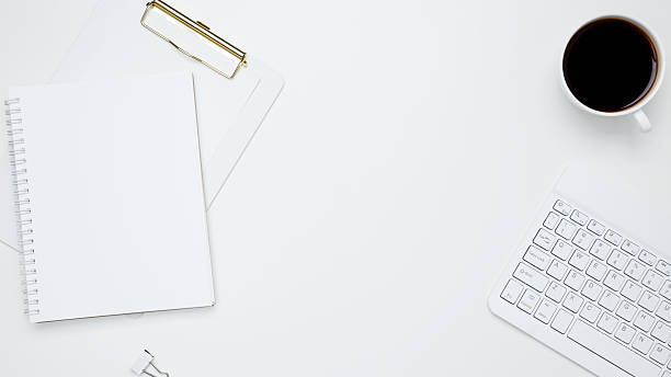 istock Office workspace and productivity concept. Mock up notebook. Flat lay composition with copy space 2211589347