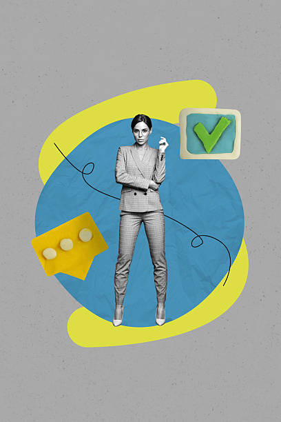istock Creative banner collage of person business with speech bubble checkmark on grey background 2211592305