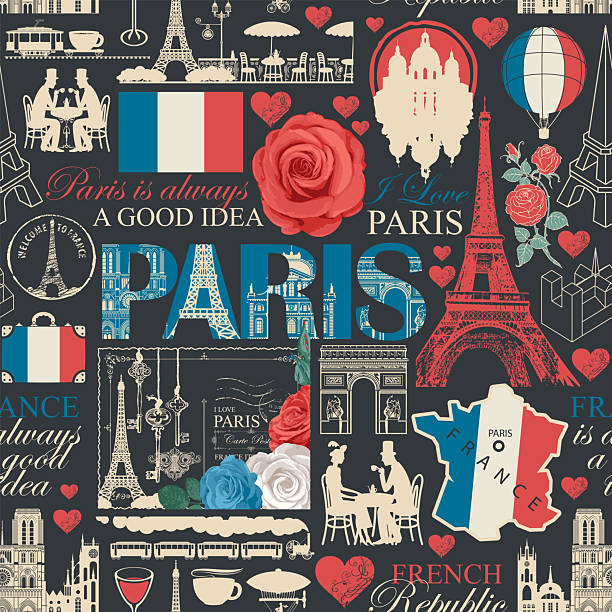 Hand drawn seamless pattern on France and Paris theme with lettering, architectural landmarks, map and flag. T-shirt design, travel postcard. Wallpaper, wrapping paper. No AI used