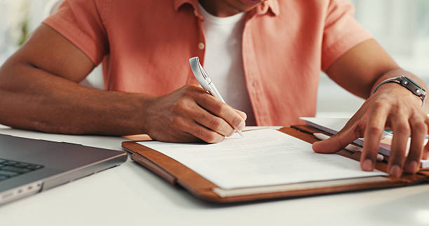 istock Man, hands and writing notes in office, professional inspiration and planning for article. Notebook, news agency and brainstorming information for column in workplace, journalist and story ideas 2211600643