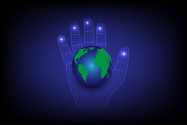 istock The globe is placed on a high tech hand-woven net of bright light on a dark blue background 2211604584