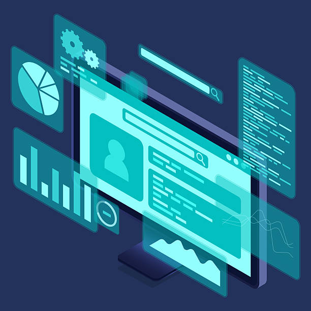 istock Computer monitor with blue virtual holographic projections with graphs and charts for data analysis. Analytics data on monitor. Web development concept. Isometric technology 2211605455