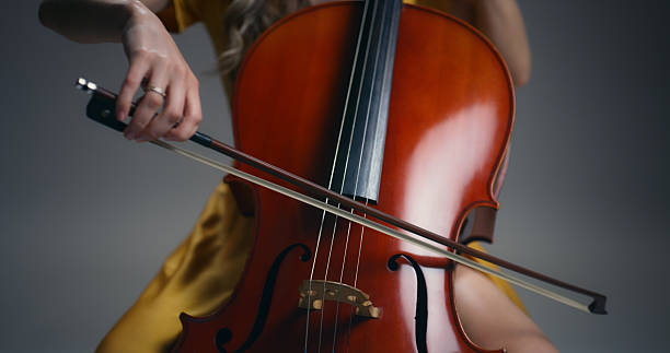 istock Hands, talent and woman in studio, cello or practice for performance on gray background. Training, person and musician with string instrument, artistic and learning with creative development 2211609338