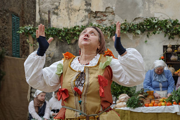 Taggia, Italy - February 23, 2025: Close-up of participant the historical reenactment in the historic city of Taggia, Liguria region of Italy