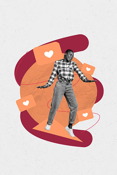 istock Image pop collage of person dancing stand triangle plane with likes on grey background 2211612845