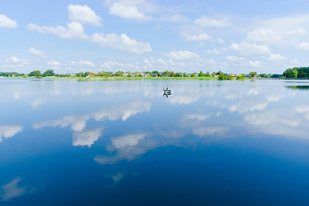 The Village, FL, USA, July 6, 2024: Waterscape, some boats on the tranquil lake.