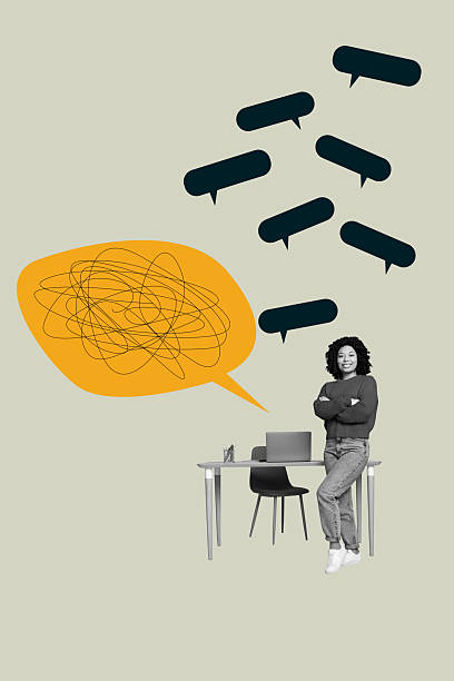 istock Image poster collage of person with messy speech bubble on khaki background 2211617631