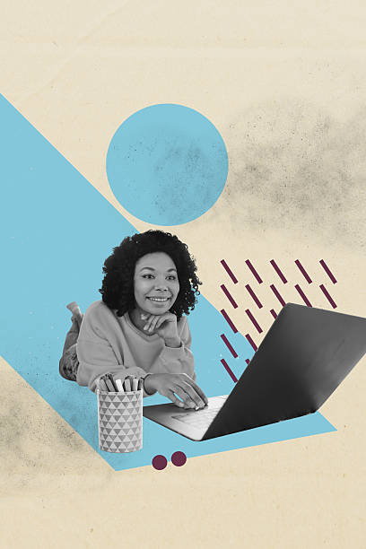 istock Collage pop poster of person use netbook on pastel background with geometric elements 2211617648