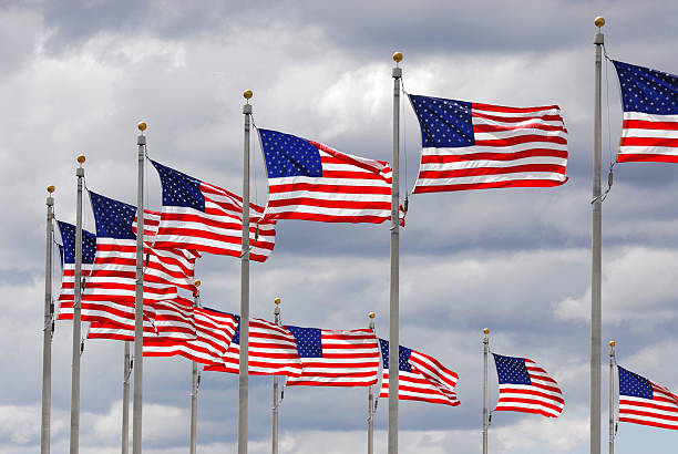 istock USA flags in a row waving in the wind 2211619903